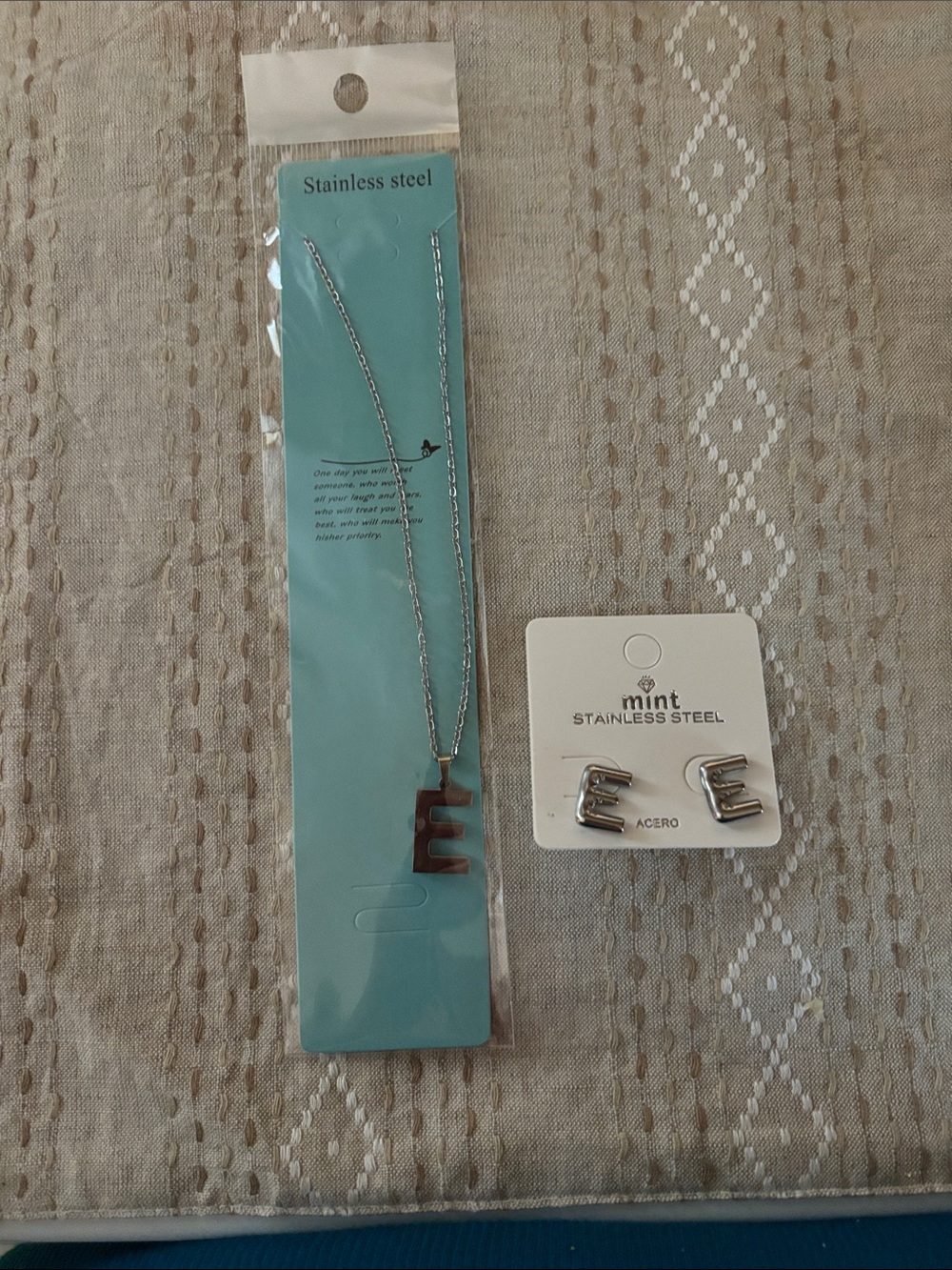 Mint Silver Letter E Necklace and Matching Stud Earrings
